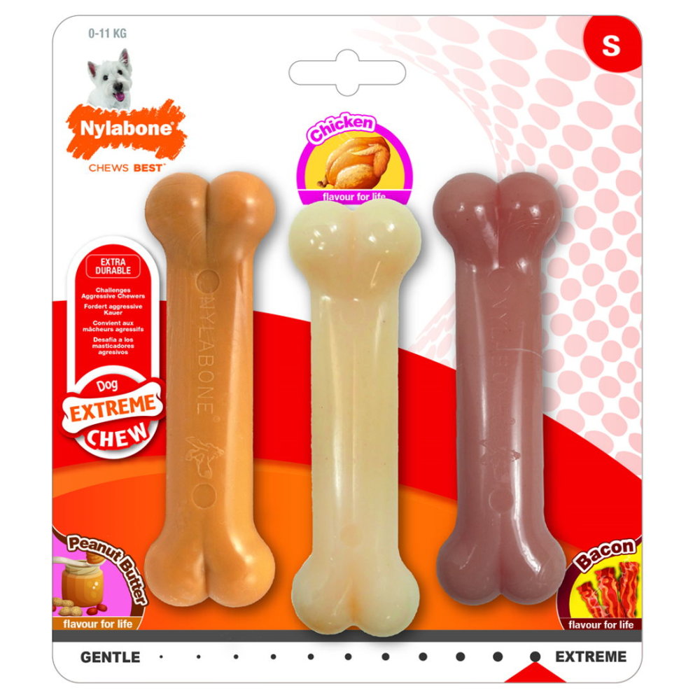 Nylabone- Pack 3 Juguetes - Dental Mordedor Extreme Chew - 1 Extreme Chew - Mantequilla de maní / 1 Extreme Chew -  1 Original , Tamaño S 