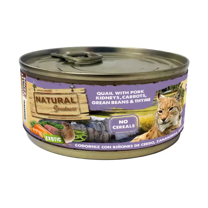 Natural Greatness Comida Húmeda Gato Esterilizado - Codorniz con Riñones de Cerdo, Zanahoria, Judias y Tomillo- 185g