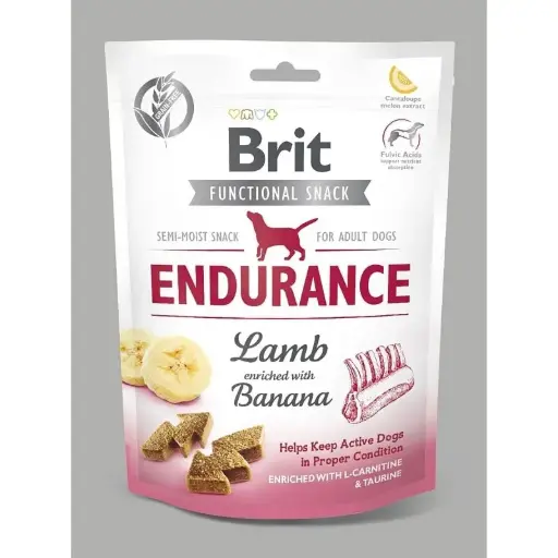 Brit Endurance -Snack Funcional Semi-blando Sabor Cordedero y Banana Para Perros Activos Enriquecido Con L-Carnitina y Taurina-150g . Un impulso De Energia Durante El Entrenamiento 